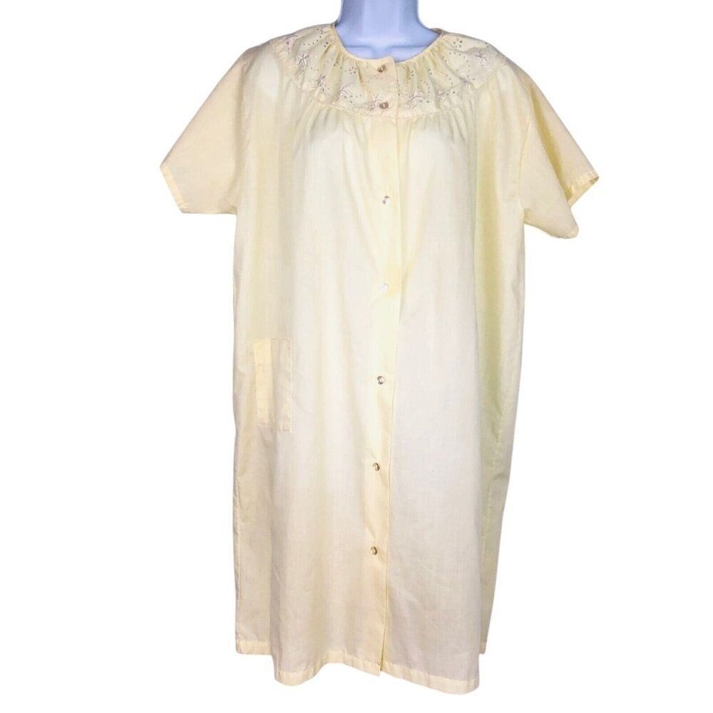 Vintage Katz Womens L Housecoat Yellow Short Sleeve Embroidered Sleep Coa
